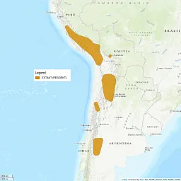 Image shows a map zoomed in on South America, with some regions shaded in the mountains of Chile, Argentina, Bolivia, and Peru. The regions represent where the cat is extant (or resident).