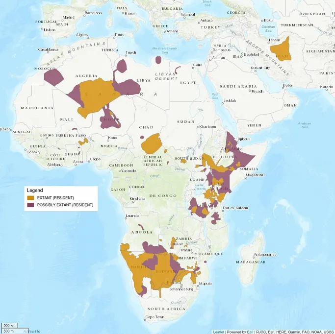 Distribution map shows a scattering of African areas shaded in as extant (resident) or possibly extant (possibly resident), mostly focusing on the Sahara desert region, Western Africa, and the southern African countries of Namibia and Botswana.