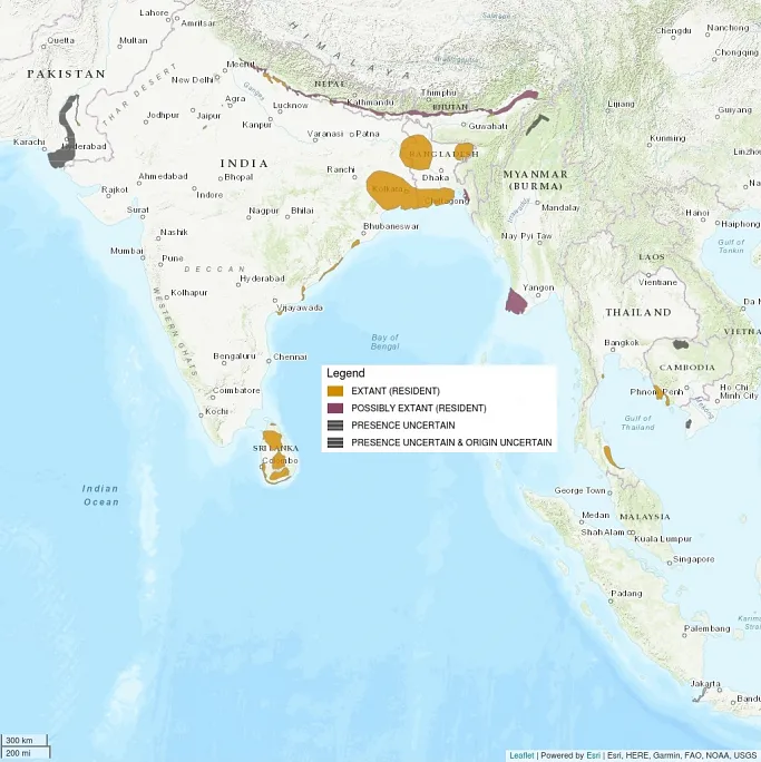 Map shows India and surrounding countries; very few regions are highlighted, but there are small regions on Sri Lanka, along the Bengal coast of India, as well as some portions of Bangladesh highlighted as Extant, or resident.