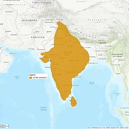 Distribution map shows India and Sri Lanka; both regions are entirely shaded in as extant, or resident, for the rusty-spotted cat.